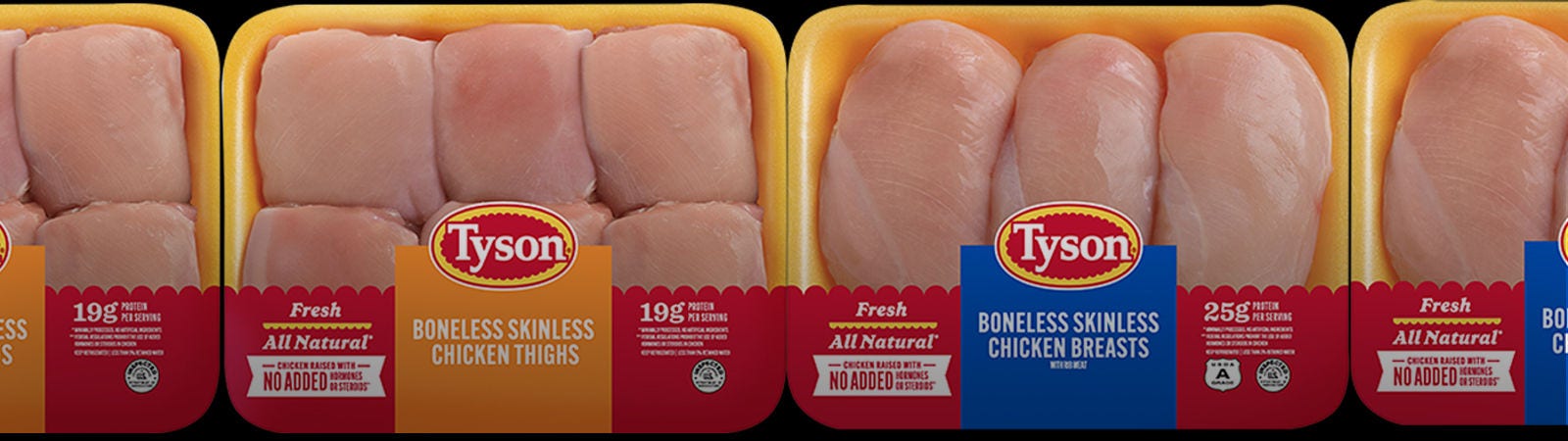 Tyson raw chicken breast and chicken thighs in packaging 